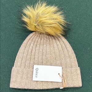 Mongolian Cashmere Beige Knit Beanie with Gold Pom-Pom